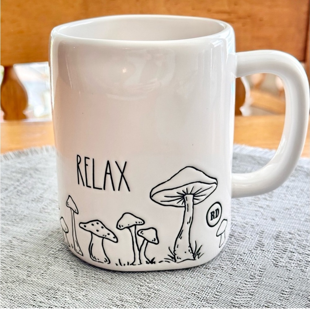 Rae Dunn RELAX Cute Mushroom Designs All Around Ceramic Mug BRAND NEW!!